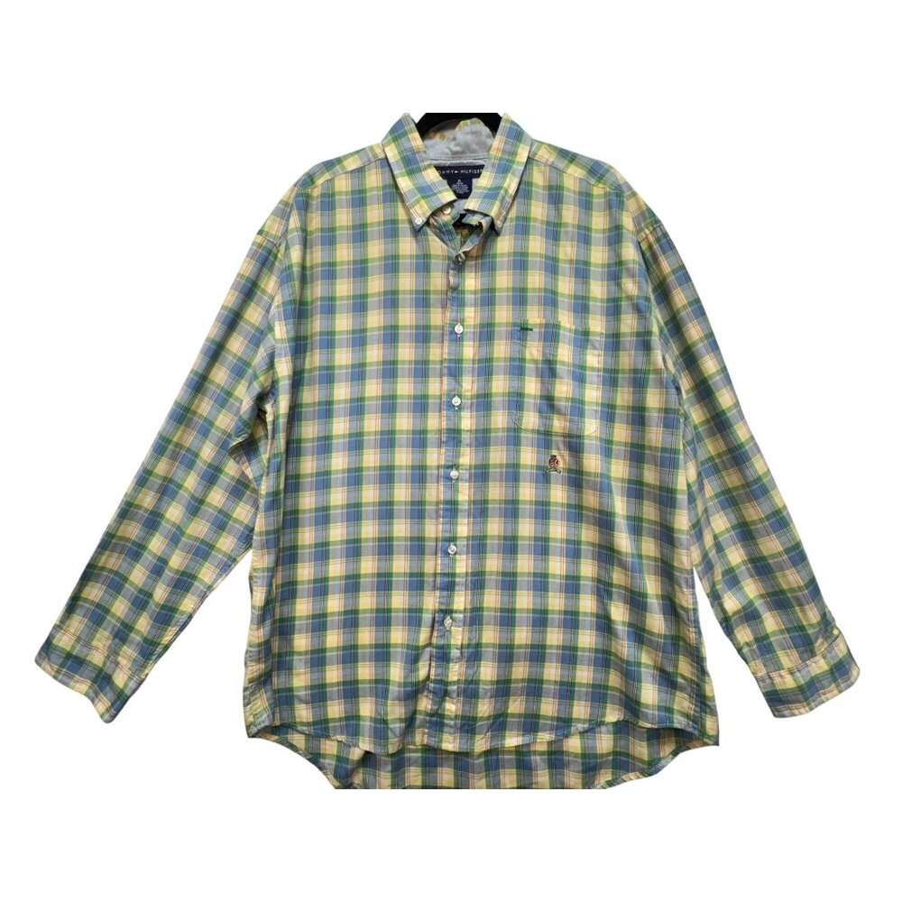 Tommy Hilfiger Mens Plaid Button-Down Shirt Size XL Yellow Green Long Sleeves